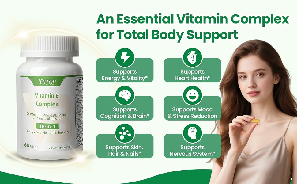 VBTOP Vitamin B Complex, with Vitamins B1, B2, B3, B5, B6, B12 60 Tablets feature detail 2