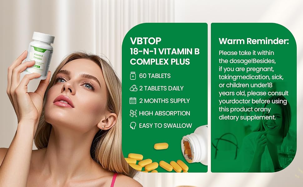 VBTOP Vitamin B Complex, with Vitamins B1, B2, B3, B5, B6, B12 60 Tablets feature detail 5