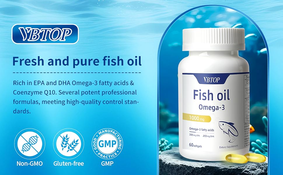 VBTOP 2 Bottles Fish Oil Omega 3 Supplement 1000 mg with EPA and DHA 120 softgels feature detail 1