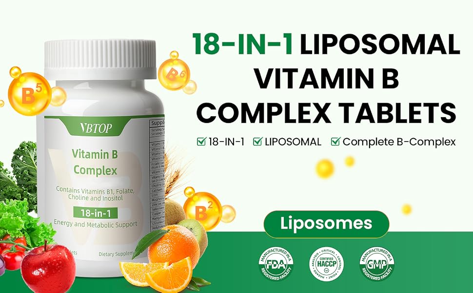VBTOP Vitamin B Complex, with Vitamins B1, B2, B3, B5, B6, B12 120 Tablets feature detail 1