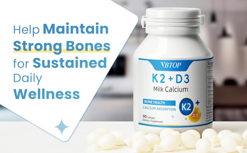 VBTOP Milk Calcium 800mg with Vitamin D3 & K2, Easy-Absorb, 180 Softgels feature detail 1