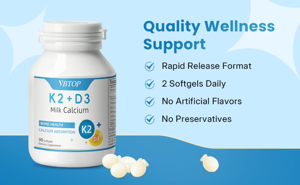 VBTOP Milk Calcium 800mg with Vitamin D3 & K2, Easy-Absorb, 180 Softgels feature detail 3