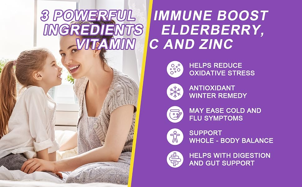 VBTOP Sambucus Elderberry Immune Gummies, 5-in-1 with Vitamin C & Zinc, 60 Count feature detail 2