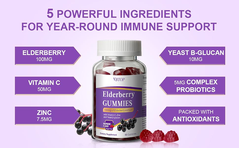 VBTOP Sambucus Elderberry Immune Gummies, 5-in-1 with Vitamin C & Zinc, 60 Count feature detail 3