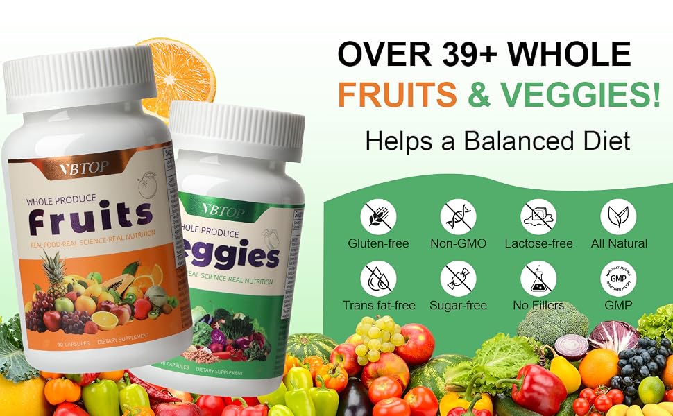 VBTOP Fruit & Vegetable Supplement, Natural Ingredients - 2 Bottles, 180 Capsules feature detail 5