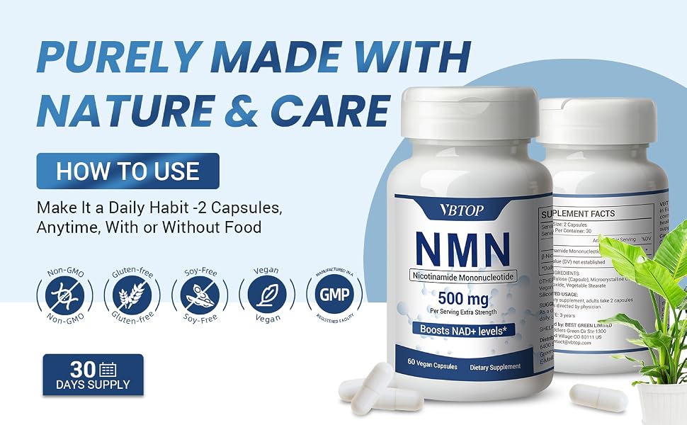 VBTOP NMN (Nicotinamide Mononucleotide) 500mg Supplement, 120 Vegan Capsules feature detail 5