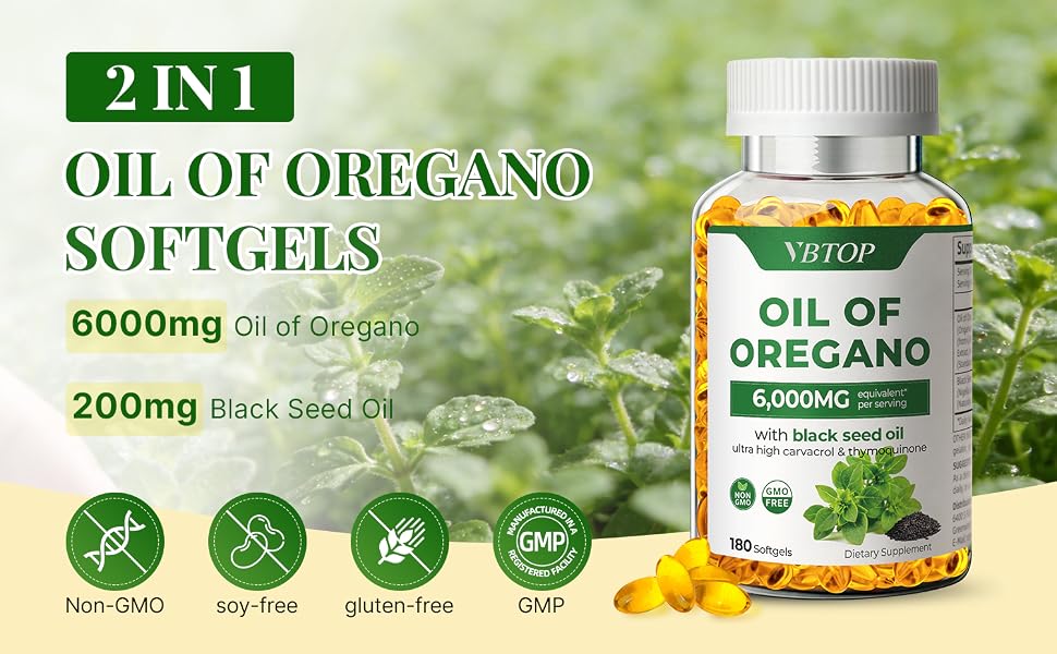 VBTOP Oil of Oregano with Black Seed Oil, 6000mg Per Serving, 360 Softgels feature detail 1