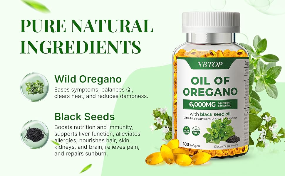 VBTOP Oil of Oregano with Black Seed Oil, 6000mg Per Serving, 360 Softgels feature detail 2