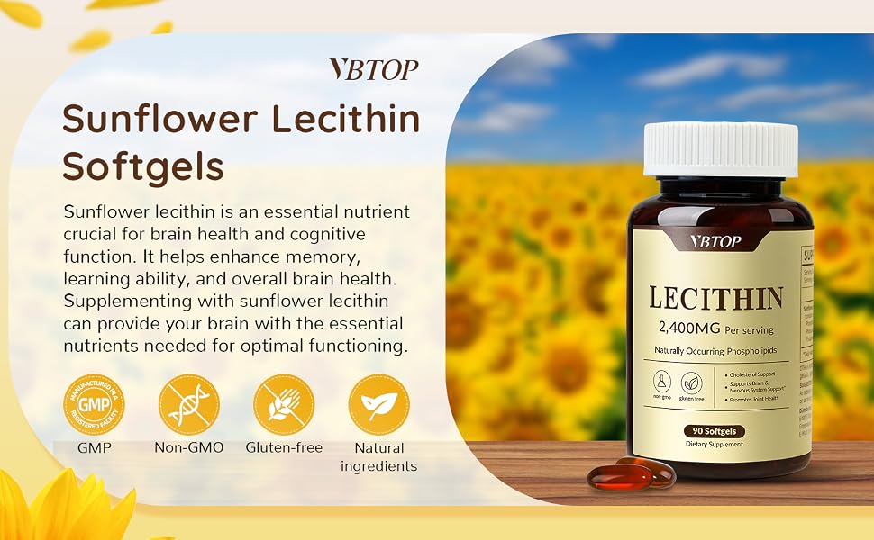 VBTOP Sunflower Lecithin 2400 mg 90 Softgels Rich in Phosphatidyl Choline feature detail 1