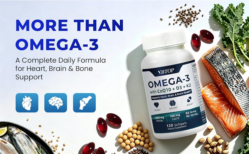 VBTOP Omega‑3 Fish Oil CoQ10 Vitamin D3 K2 MK-7 Heart Support 240 Softgels feature detail 1